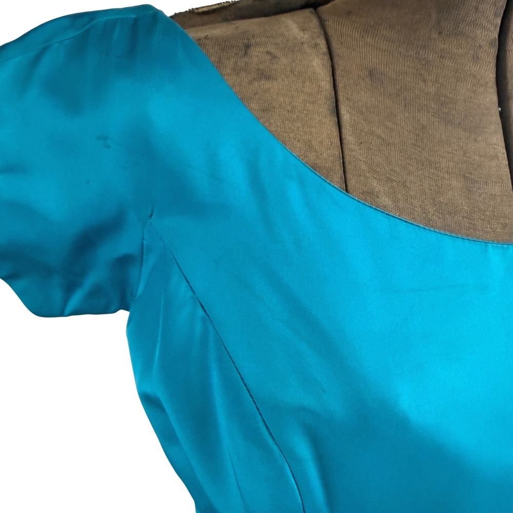 Vintage Teal Blue 50's Dress Womens (S) Satin Bows Midi Prom Rockabilly ILGWU - Picture 7 of 7